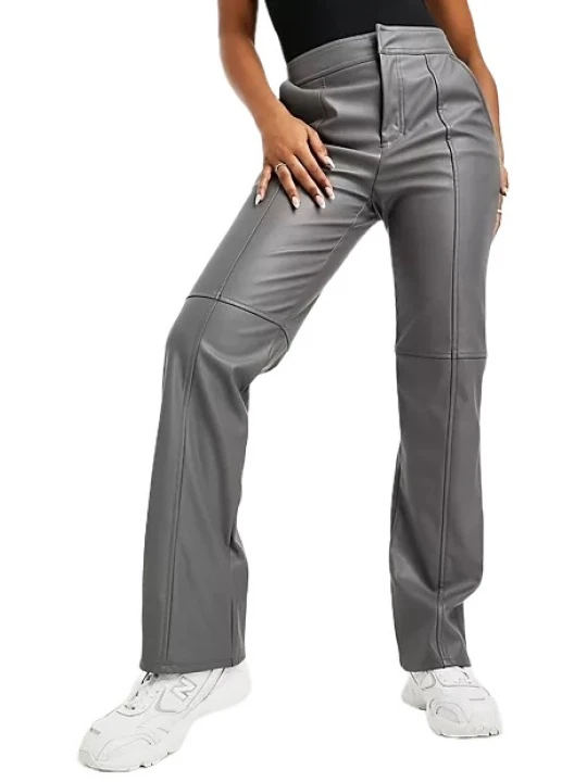 Seam Detailed Leather Trouser In Grey