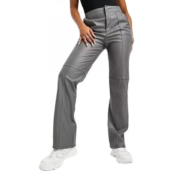 Seam Detailed Leather Trouser In Grey
