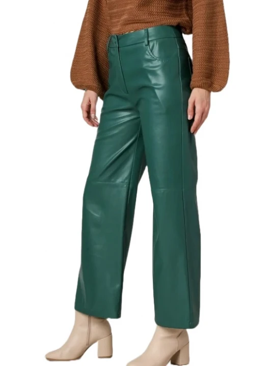 Wide Leg Green Leather Pants