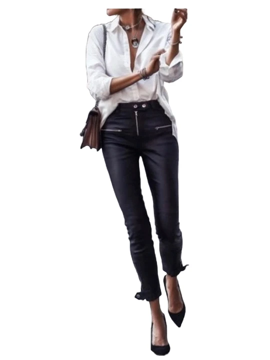 Womens Moto Zippers Sleek Black Leather Biker Pants