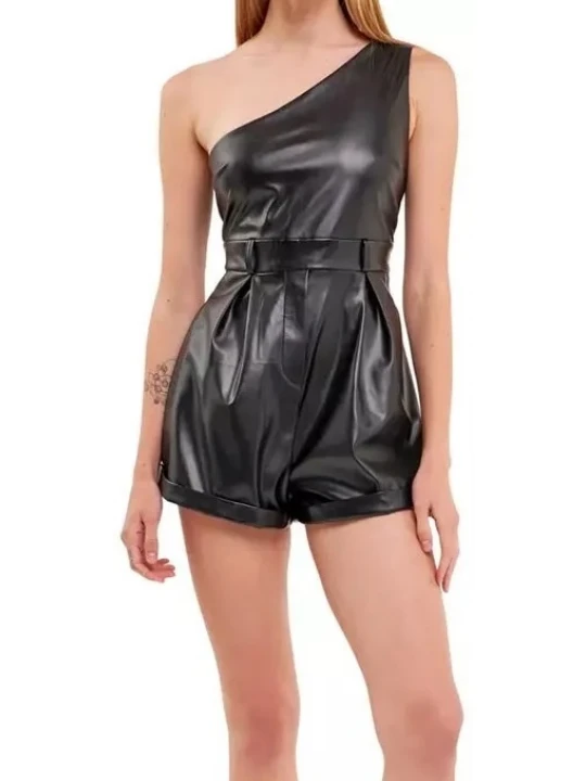 Black Leather One Shoulder Romper