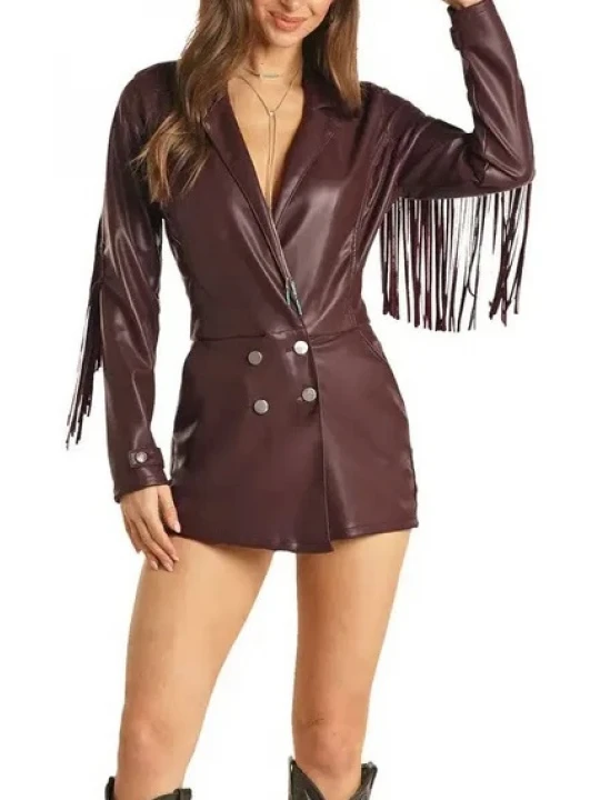 Burgundy Leather Romper With Fringe