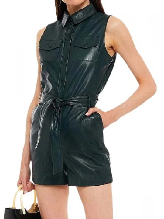 Green Leather Belted Short Romper