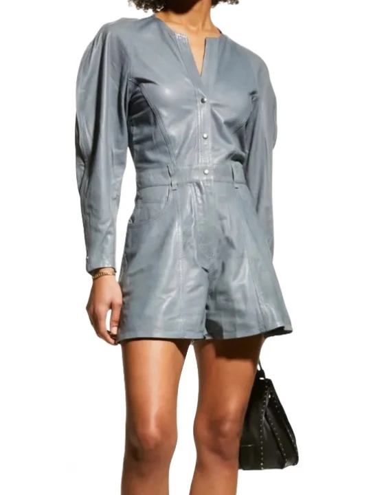 Grey Leather Puffed Sleeve Shorts Romper