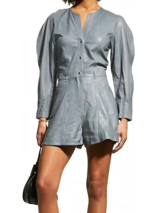 Grey Leather Puffed Sleeve Shorts Romper
