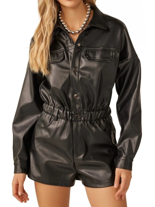 Long Sleeve Romper In Black Leather