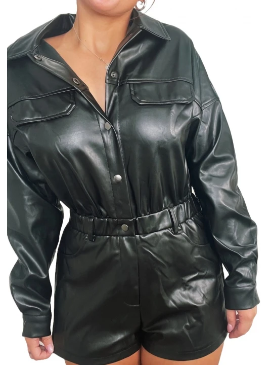 Long Sleeve Romper In Black Leather