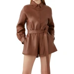 Long Sleeve Romper In Brown Leather