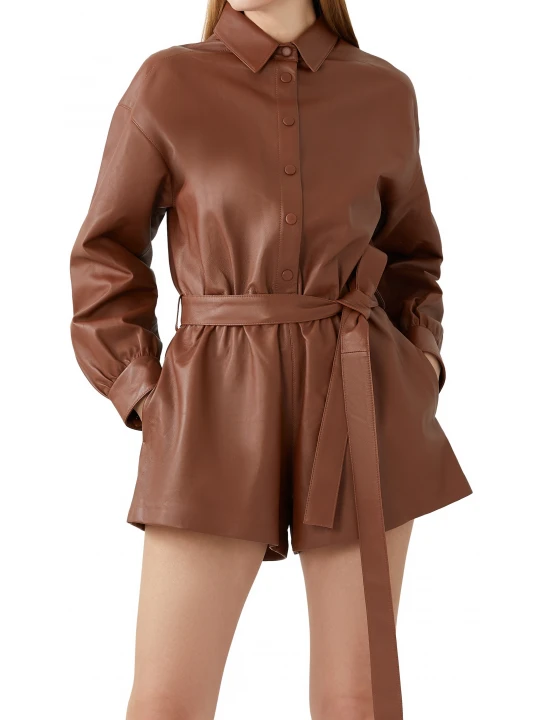 Long Sleeve Romper In Brown Leather