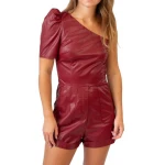 Maroon Leather One Shoulder Romper