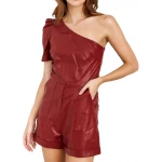 Maroon Leather One Shoulder Romper