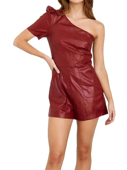 Maroon Leather One Shoulder Romper