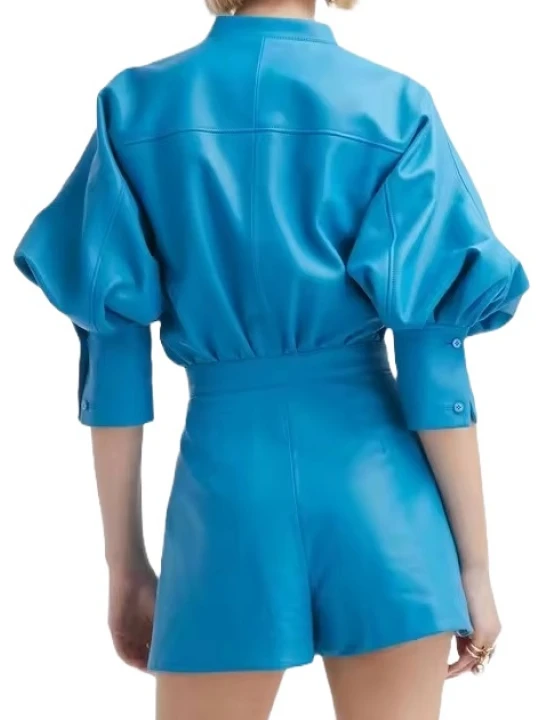 Mock Neck Romper In Blue Leather