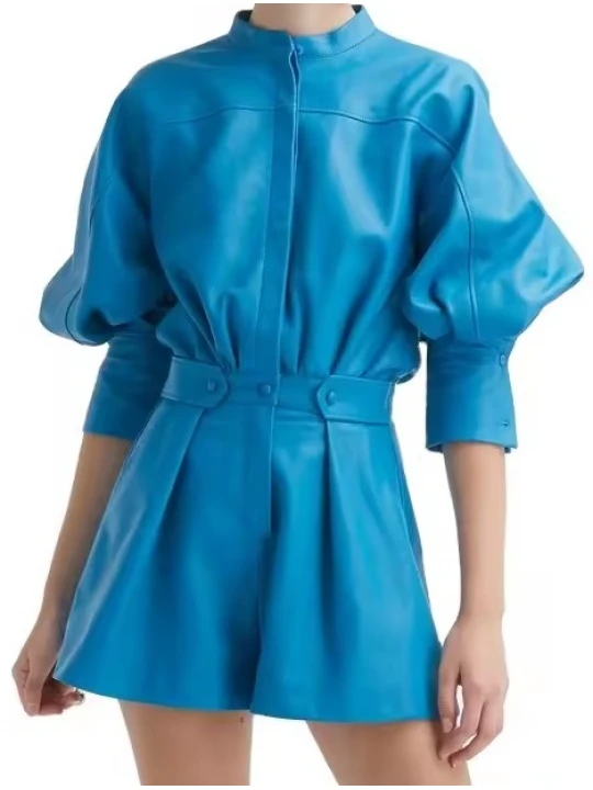 Mock Neck Romper In Blue Leather