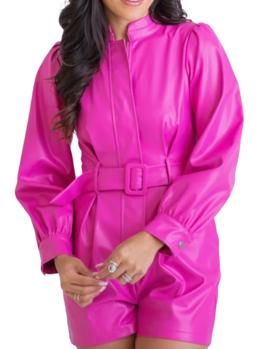 Pink Leather Belted Short Romper