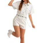 Short Sleeve Romper In White Leather