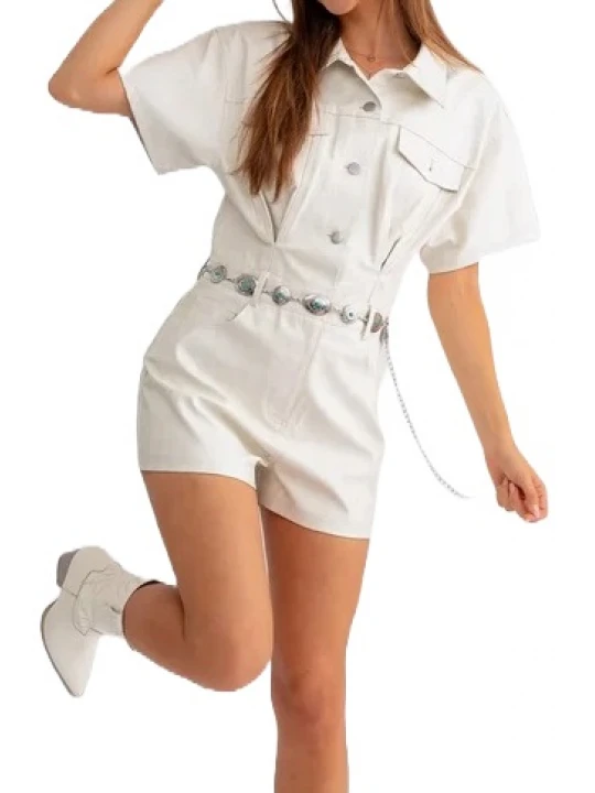 Short Sleeve Romper In White Leather