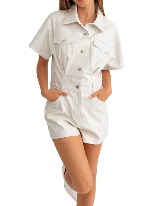 Short Sleeve Romper In White Leather