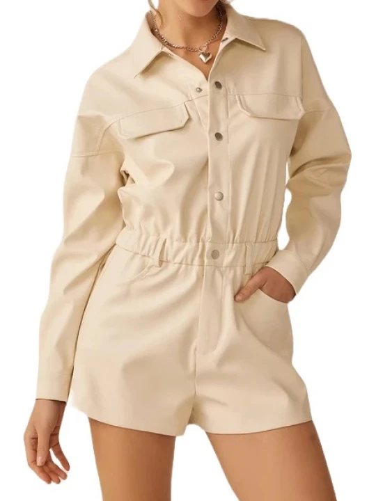 Snap Closure Short Romper In Beige Leather