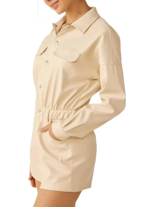 Snap Closure Short Romper In Beige Leather