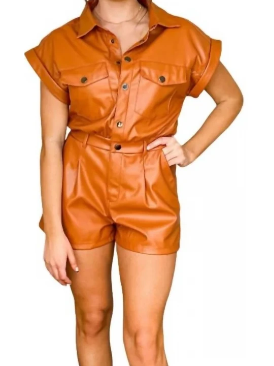 Snap Closure Short Romper In Brown Leather