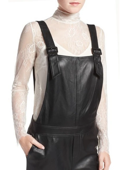 Super Simple Black Leather Overalls Full Body Ladies Romper