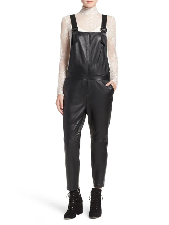 Super Simple Black Leather Overalls Full Body Ladies Romper