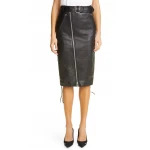 Ladies Long Front Zipper And Side Lace-Up Real Sheepskin Black Leather Skirt