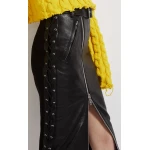Ladies Long Front Zipper And Side Lace-Up Real Sheepskin Black Leather Skirt