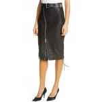 Ladies Long Front Zipper And Side Lace-Up Real Sheepskin Black Leather Skirt