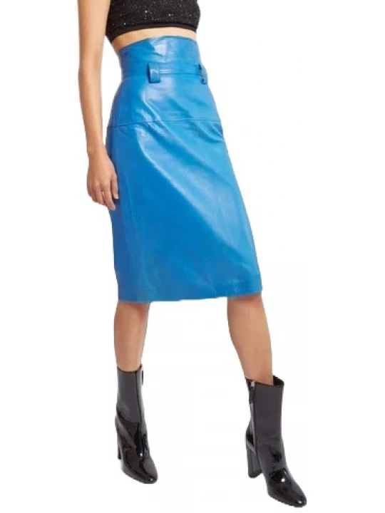 A Line Blue Leather Skirt