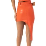 Asymmetric Hem Orange Leather Skirt