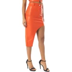 Asymmetric Hem Orange Leather Skirt