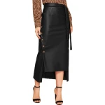 Belted Black Leather Asymmetrical Long Skirt