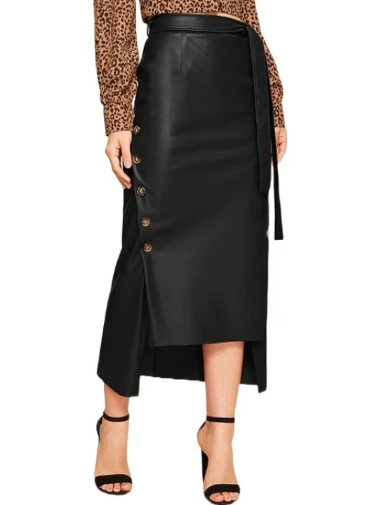 Belted Black Leather Asymmetrical Long Skirt