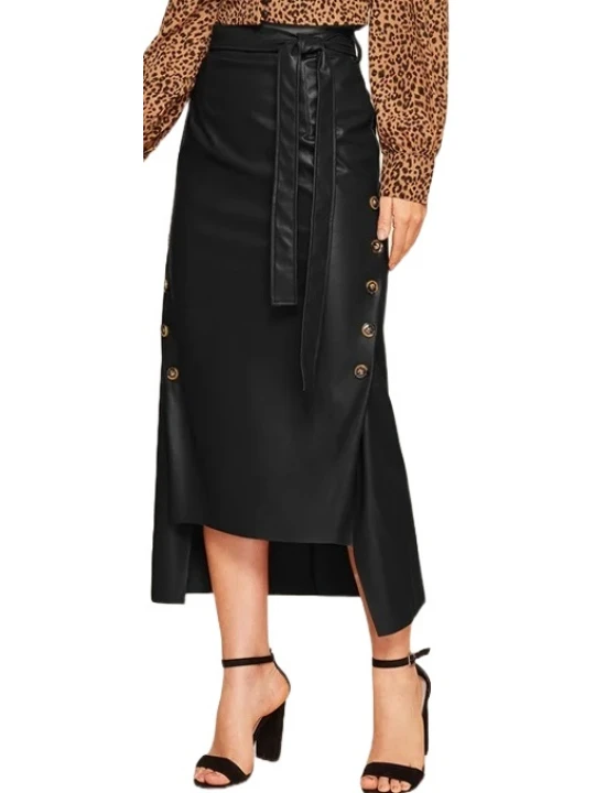 Belted Black Leather Asymmetrical Long Skirt