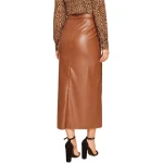 Belted Brown Leather Asymmetrical Long Skirt