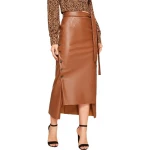 Belted Brown Leather Asymmetrical Long Skirt