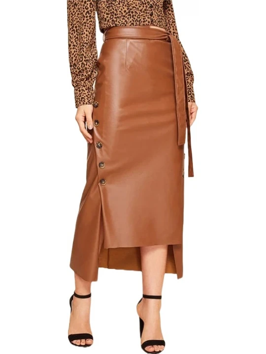 Belted Brown Leather Asymmetrical Long Skirt