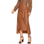 Belted Brown Leather Asymmetrical Long Skirt