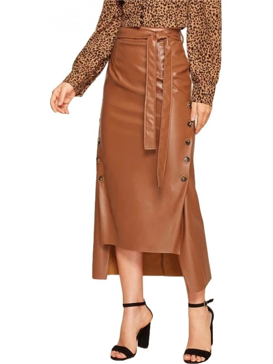 Belted Brown Leather Asymmetrical Long Skirt