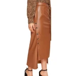 Belted Brown Leather Asymmetrical Long Skirt