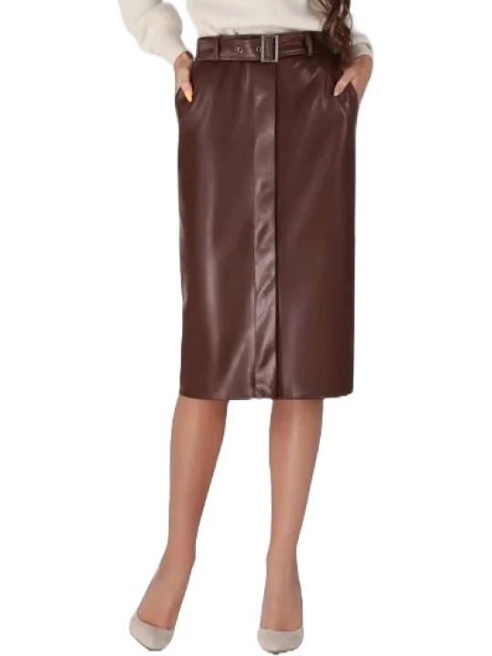 Belted Brown Leather Midi Skirt