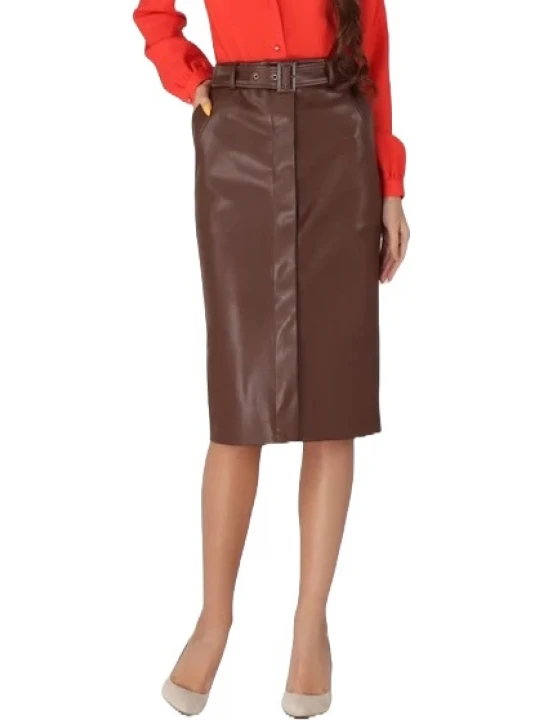 Belted Brown Leather Midi Skirt