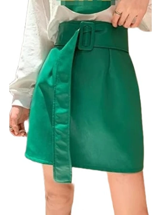 Belted Green Leather Mini Skirt