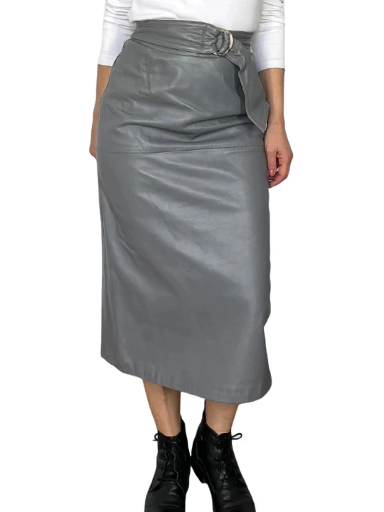Belted Grey Leather Midi Skirt