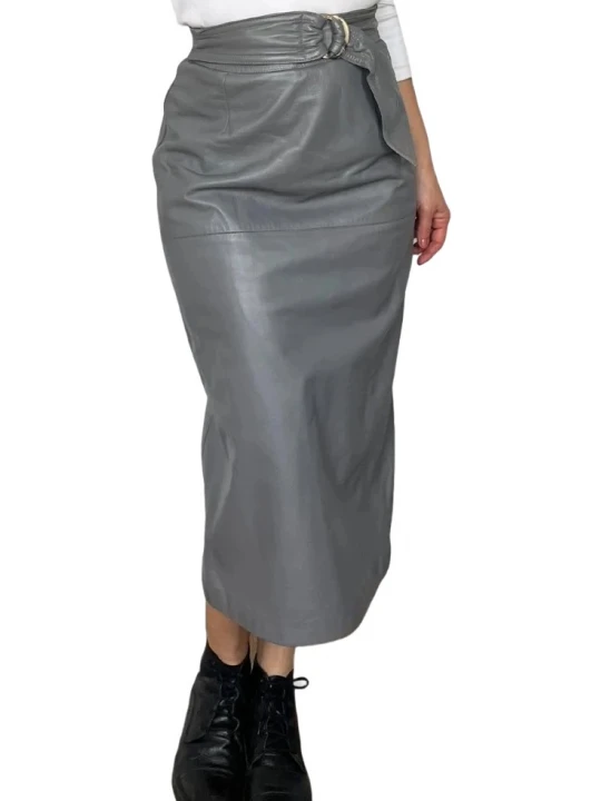Belted Grey Leather Midi Skirt