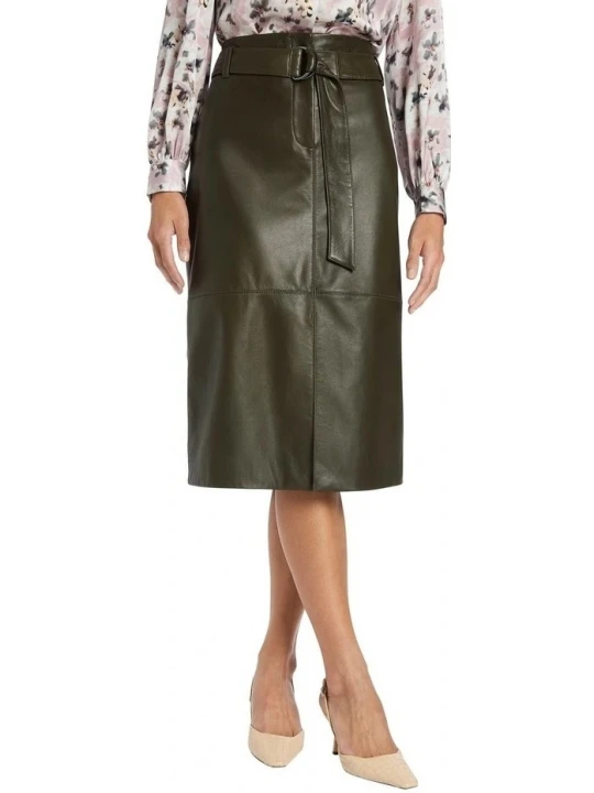 Belted Leather Skirt In Green