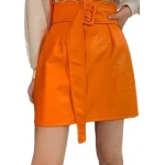 Belted Orange Leather Mini Skirt
