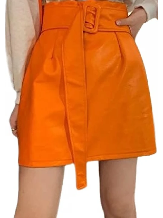 Belted Orange Leather Mini Skirt
